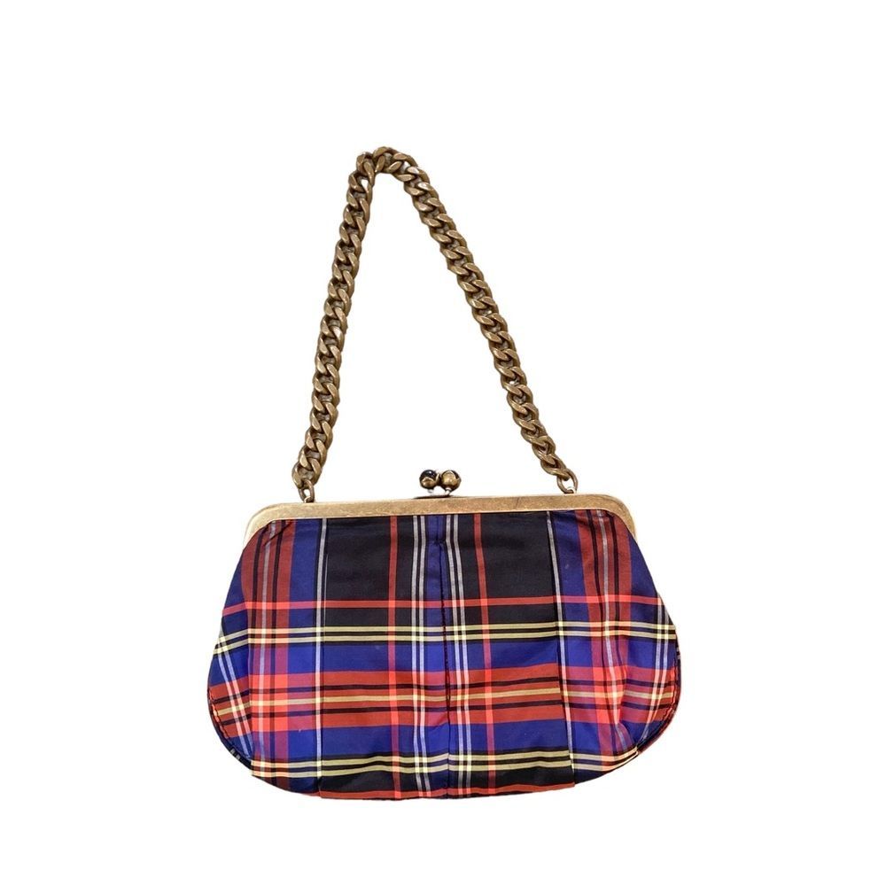 Nwt J Crew 100% Silk Tartan Plaid Multi Evening Bag Antique Gold Chunky Chain
